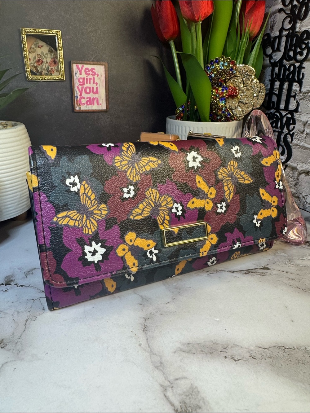 Floral Butterfly Clutch Wallet - Purple, Yellow & Black